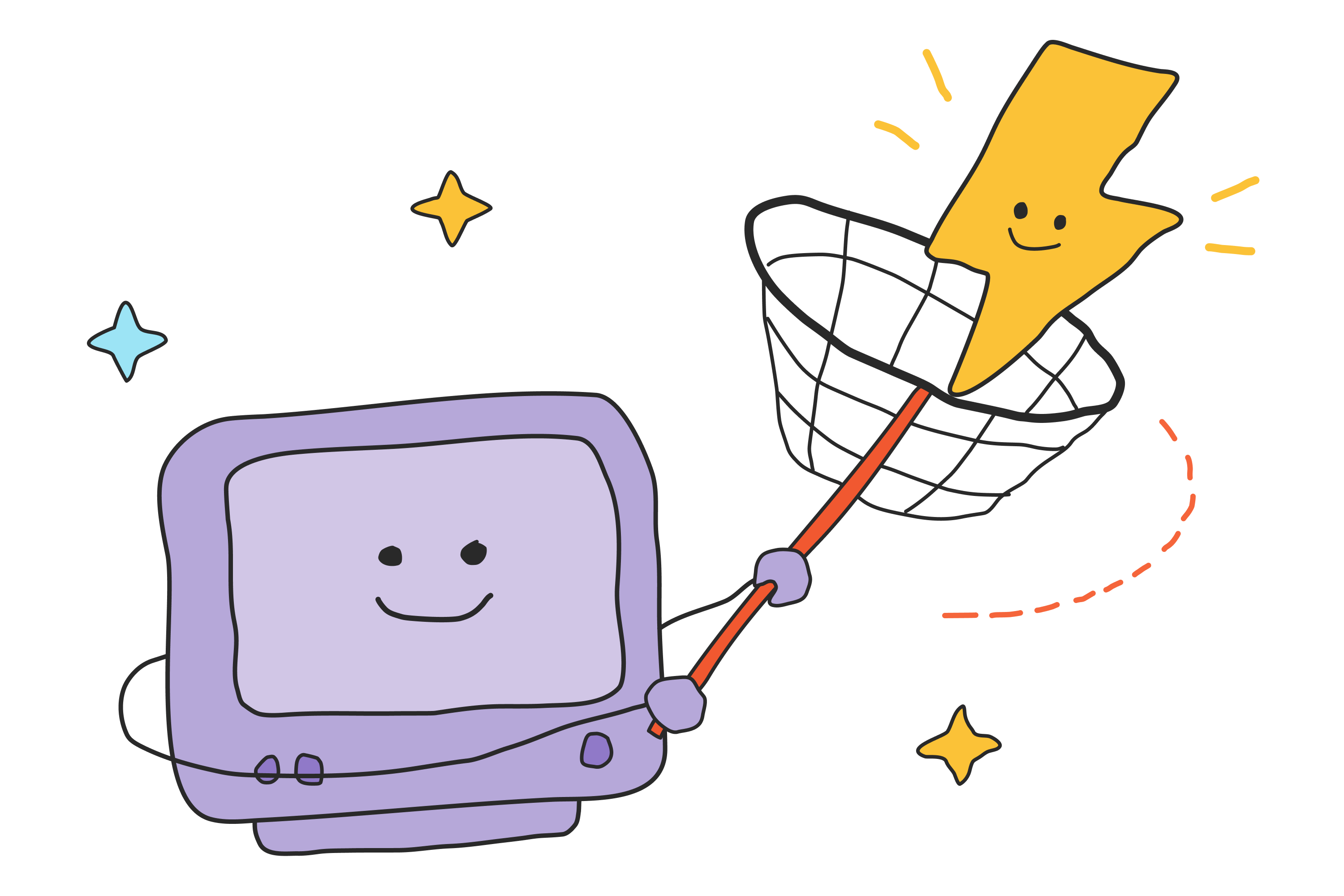 A smiling purple computer catches a yellow lightning bolt in a net.